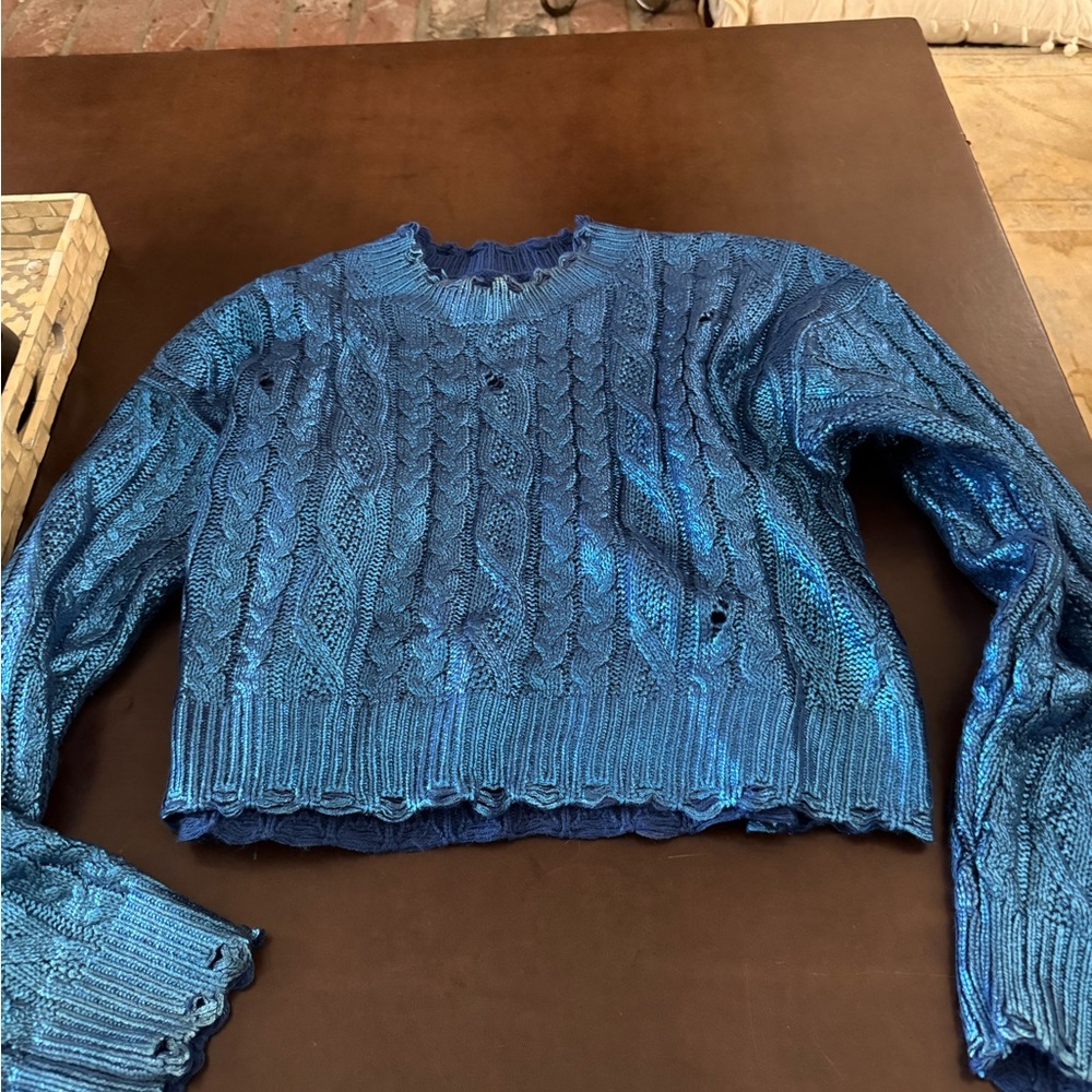 Cider Shimmering Blue Cable Knit Sweater